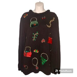 Merry & Bright 3D Ugly or Cute Christmas Holiday Party Sweater. Embellishments.